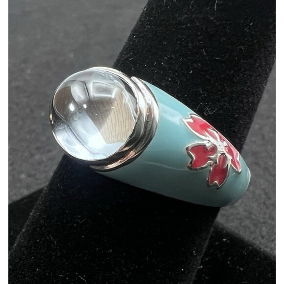 Vintage Sterling Silver Cloisonne Enamel Flower Ring Glass Cabochon Size 9 - Picture 1 of 13